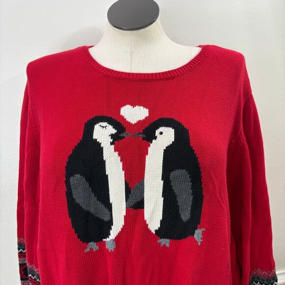 Coldwater Creek Plus Size 2X Penguin Sweater Red Winter Holiday Winter Christmas - Picture 9 of 13